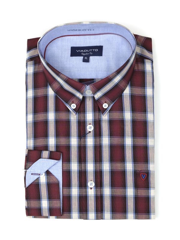 Camisa Casual Homem Manga Comprida Xadrez Bordó e Azul