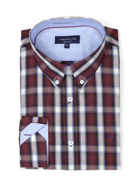 Camisa Casual Homem Manga Comprida Xadrez Bordó e Azul
