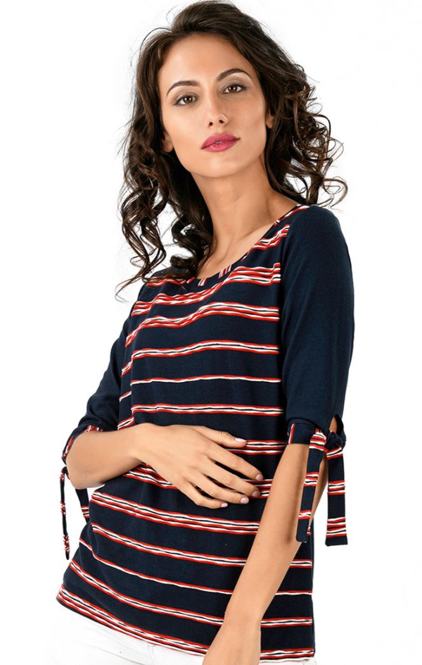 Blusa Mulher Meia Manga Azul com Riscas Vermelha e Branca