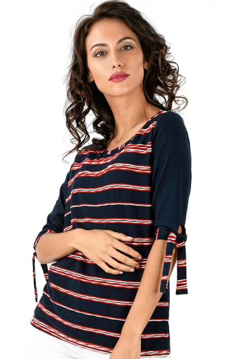Blusa Mulher Meia Manga Azul com Riscas Vermelha e Branca