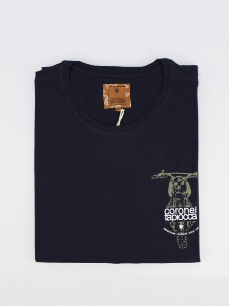 T-shirt homem, azul escuro, Coronel Tapioca, estampado de moto