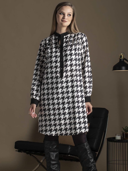 Camiseiro, vestido, pied de poule, preto e bege, gola baixa, bolsos
