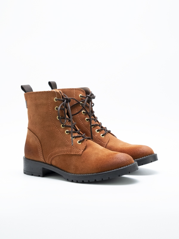 Bota Estilo Militar de Atacadores, Pele Camurça, Camel