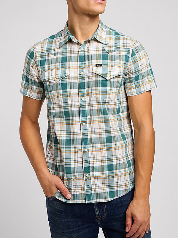 Camisa Lee manga curta, com molas, com bolso, xadrez, verde