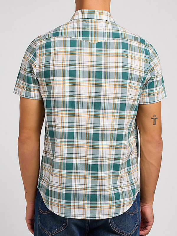 Camisa Lee manga curta, com molas, com bolso, xadrez, verde