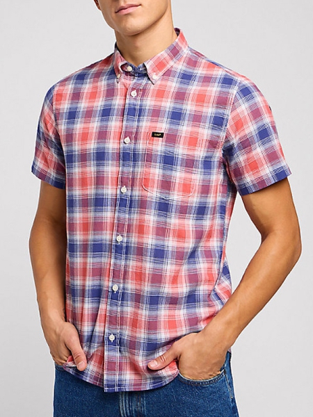 Camisa marca Lee, manga curta, cor laranja, botões, xadrez