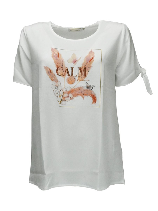 T-Shirt meia manga com laço, cor branco, estampada, decote redondo