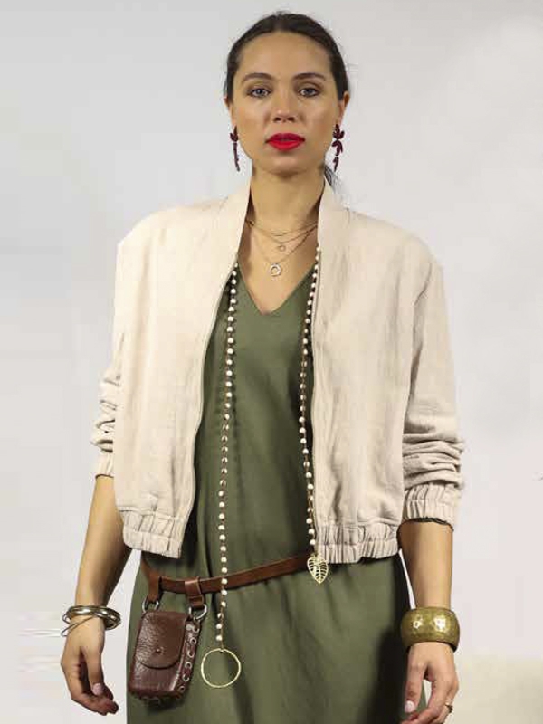 Casaco estilo bomber, cós elástico, cor bege