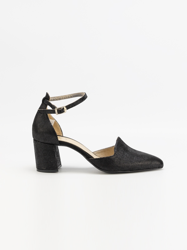 Sapato pele, croco, fechado frente, contraforte, cor preto