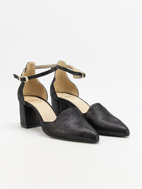 Sapato pele, croco, fechado frente, contraforte, cor preto