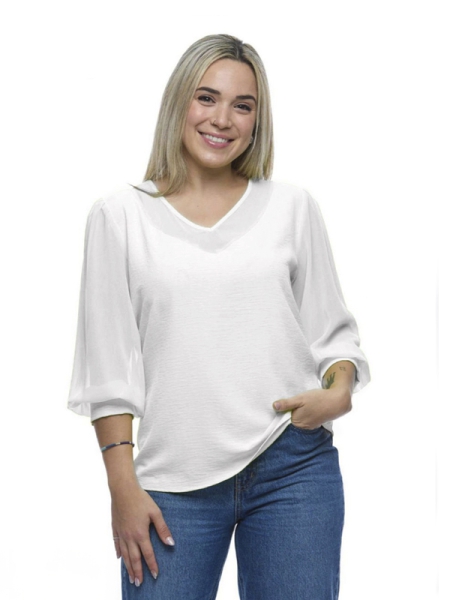 Túnica decote em bico transparente, manga comprida, cor branco