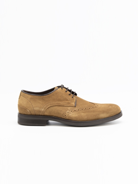 Sapatos pele camurça, cor camel, atacadores
