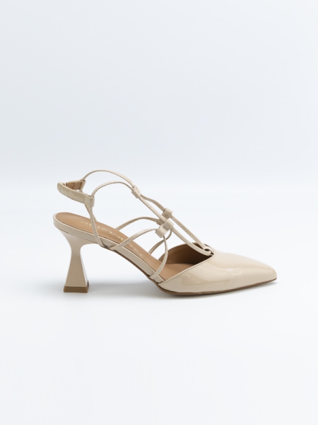 Sapatos, sandália, de salto, em pele, verniz, cor nude, com tiras,