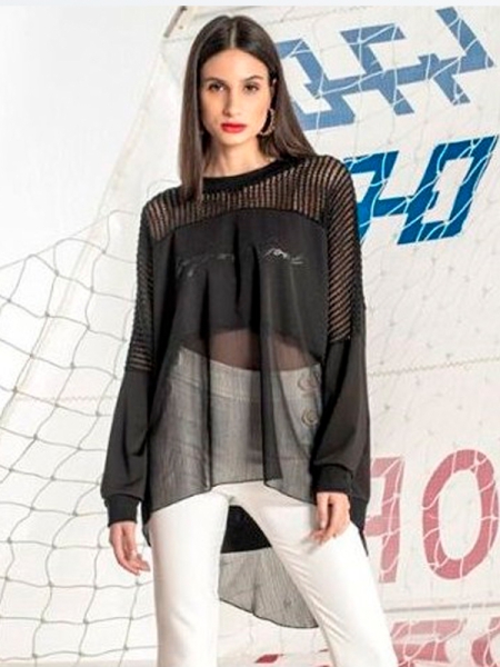 Túnica Mulher Manga Comprida Renda Preto Foursoul