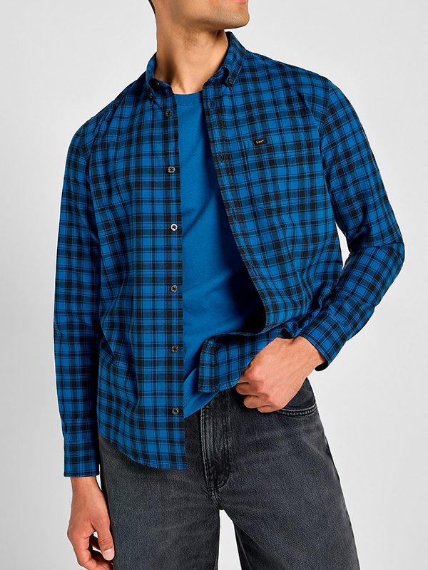 Camisa homem Lee, xadrez, azul e preto, bolso, botões