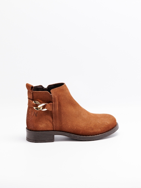 Botas senhora pele camurça, cano baixo, fecho interior, cor camel