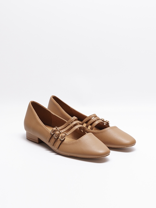 Sapatos senhora mary jane, cor camel, sola rasa