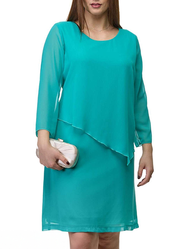 Vestido senhora verde água, decote redondo, manga comprida