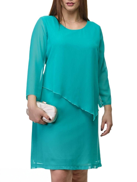 Vestido senhora verde água, decote redondo, manga comprida