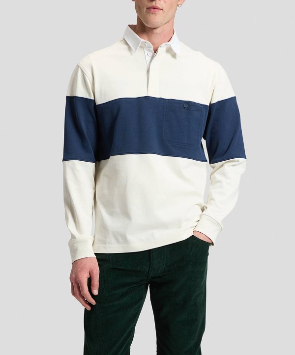 Polo Homem Marca Lee, com Bolso no Lado, Bege com Risca Azul