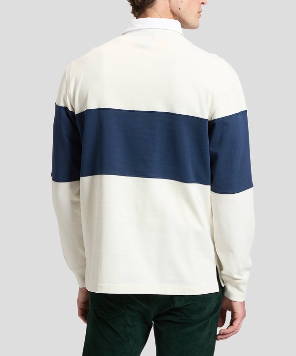 Polo Homem Marca Lee, com Bolso no Lado, Bege com Risca Azul