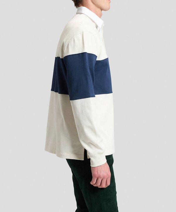 Polo Homem Marca Lee, com Bolso no Lado, Bege com Risca Azul
