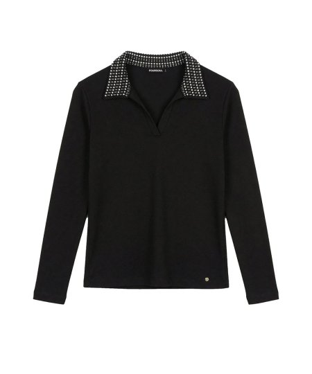 Camisola Polo Senhora Foursoul, em Malha, Pedras Brilhantes na Gola.